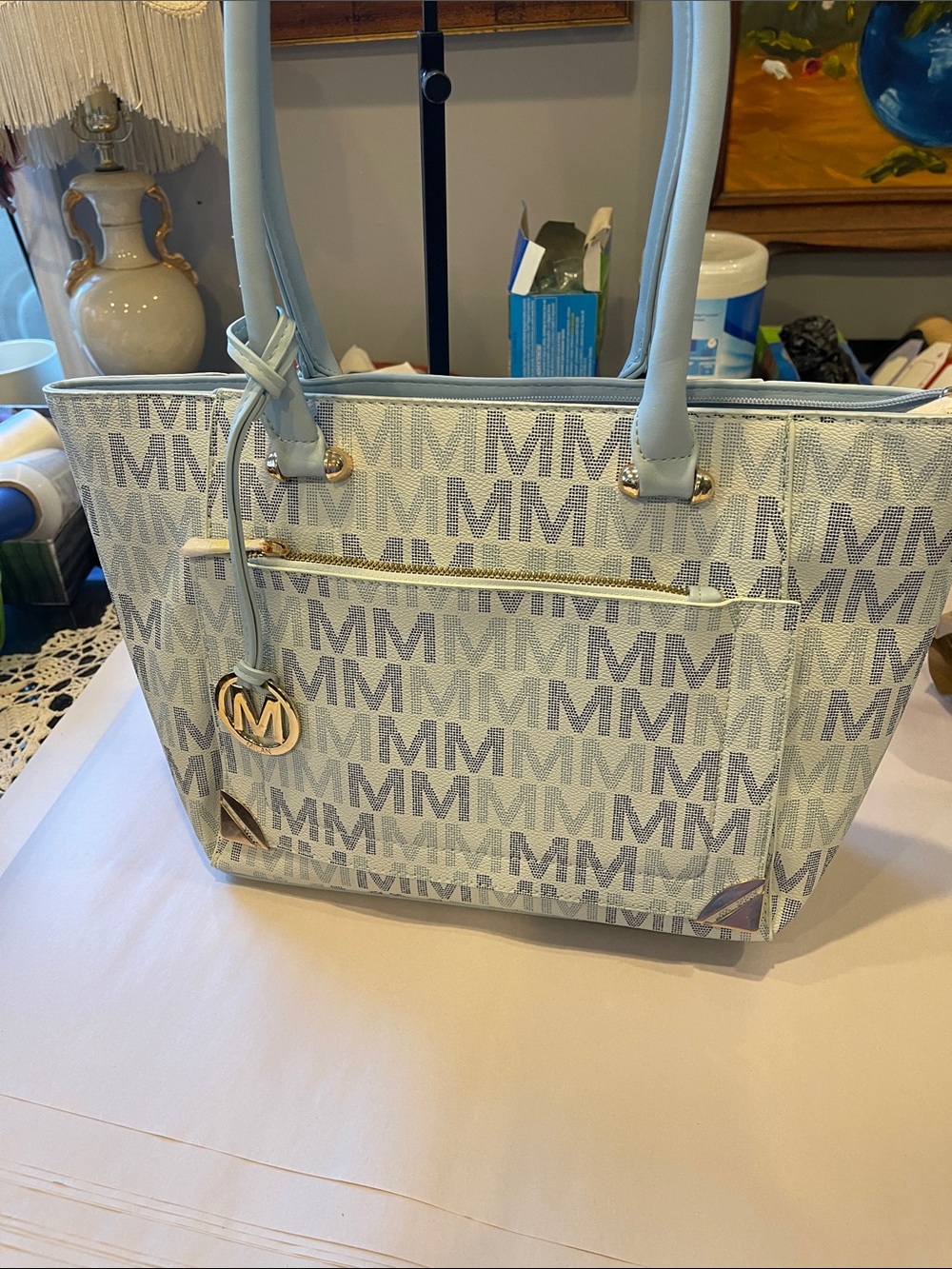 Light Blue Monogram Tote Bag with Gold Charm zipped top